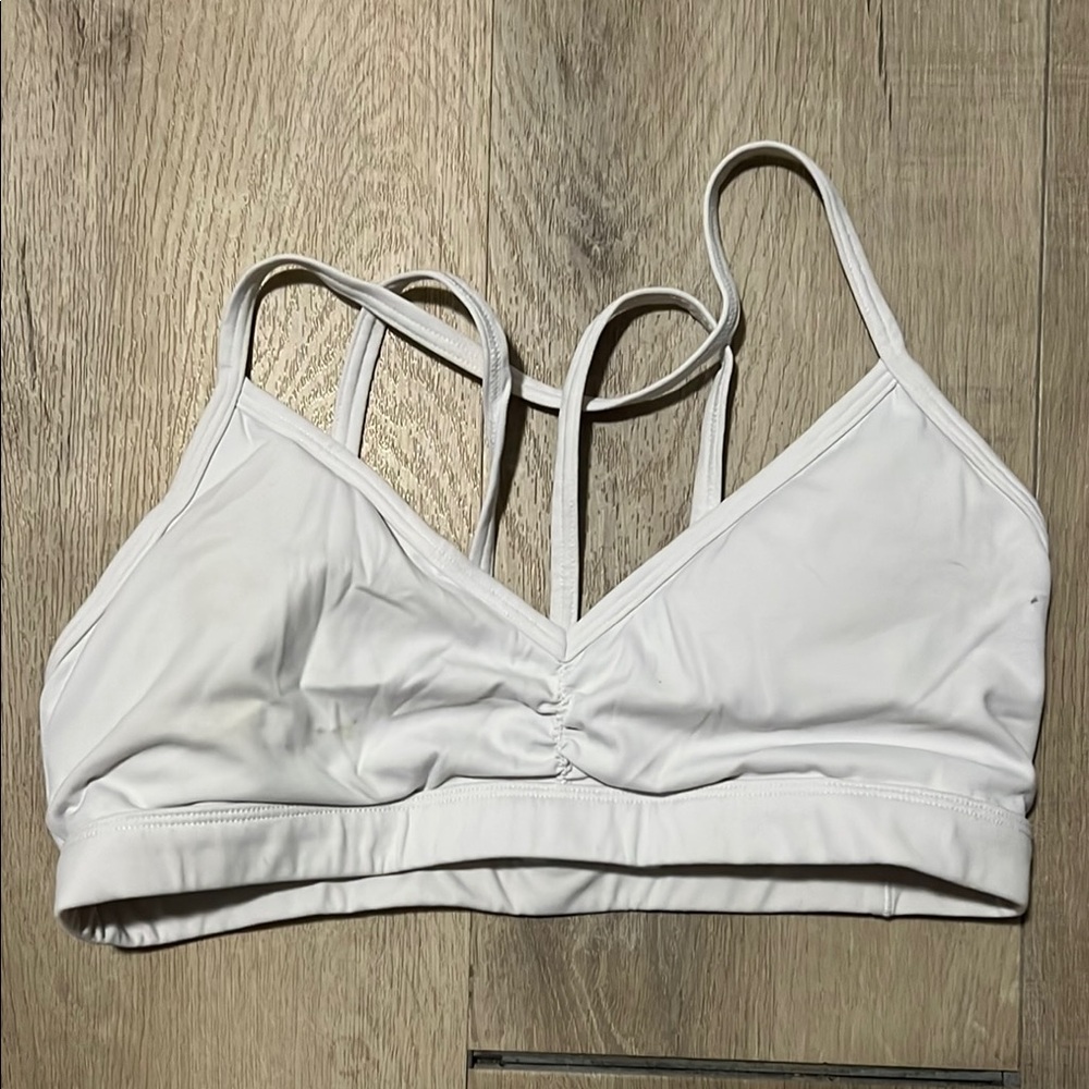 White Sports Bra with Strappy Y-Back and Ruched Front